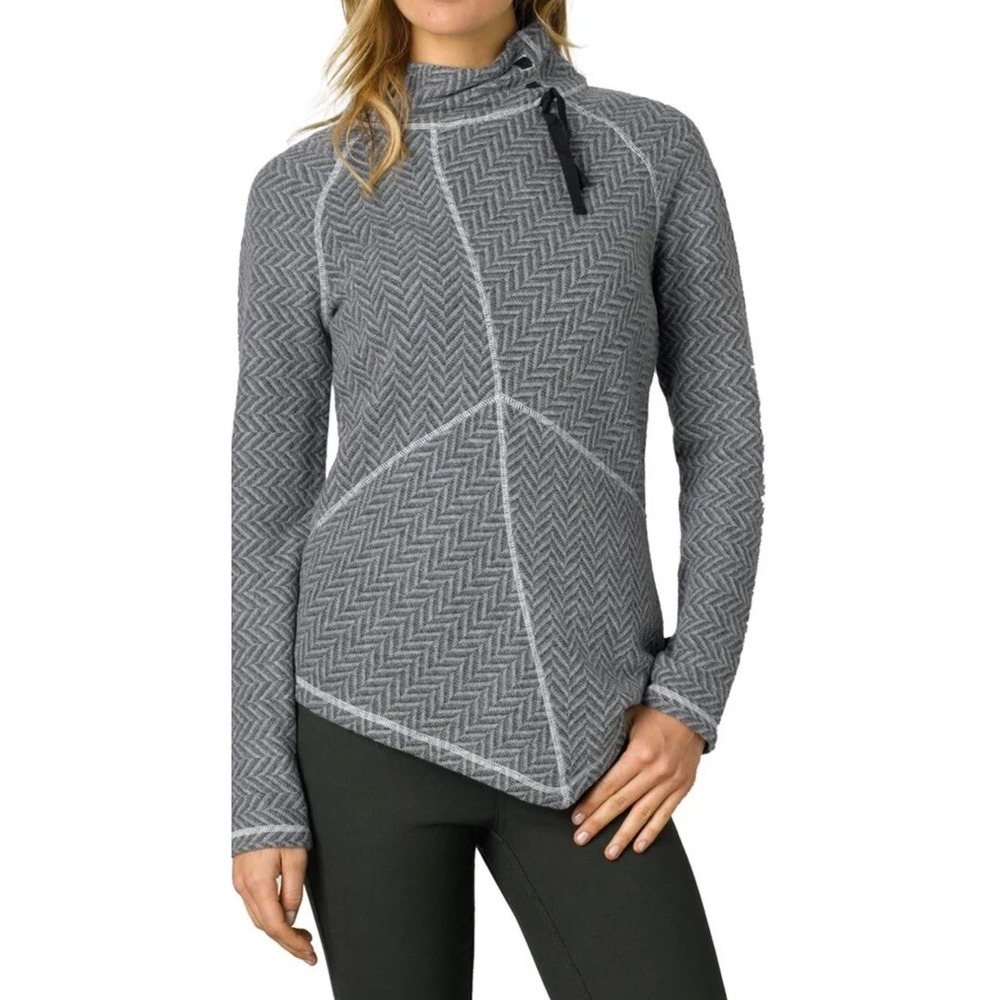 Prana Womens Asymmetrical‎ Herringbone Pullover Mock Neck Sweater Gray XS